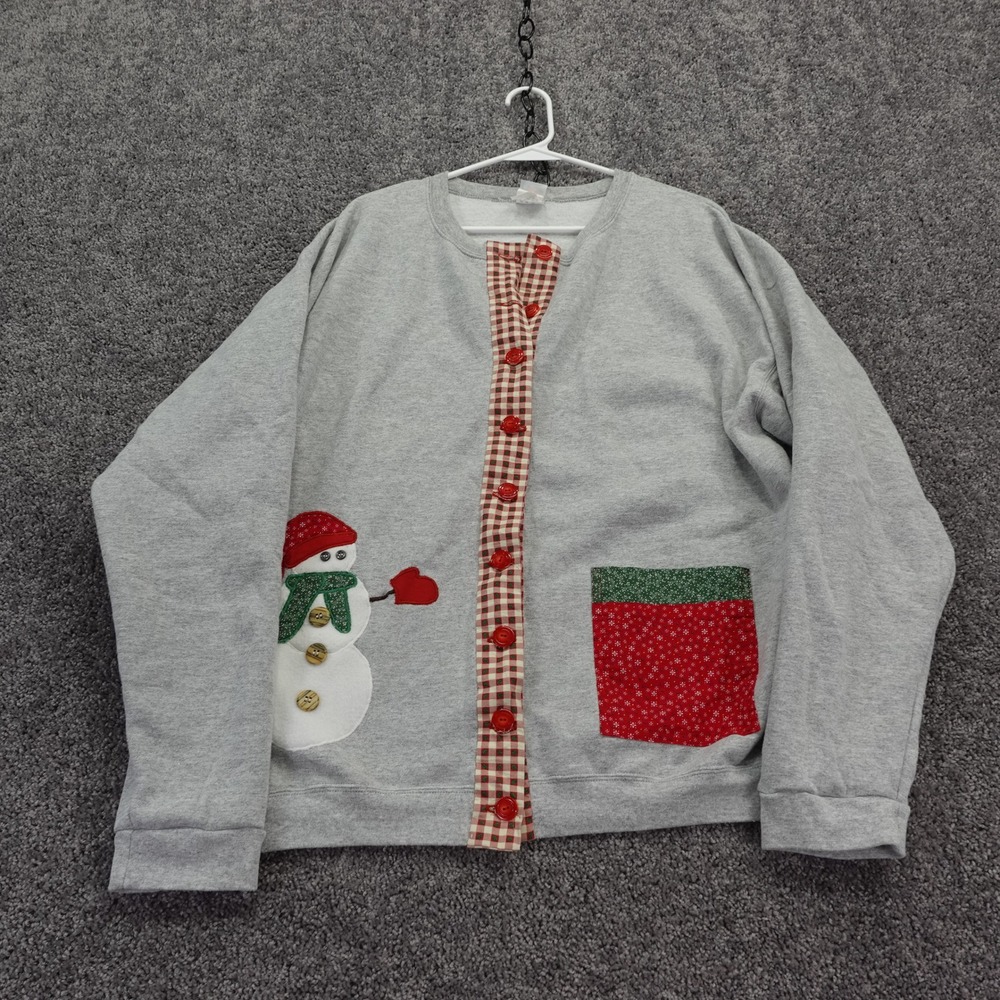 Hanes Cardigan Sweatshirt Womens Large Gray Snowman Christmas Holiday Gingham